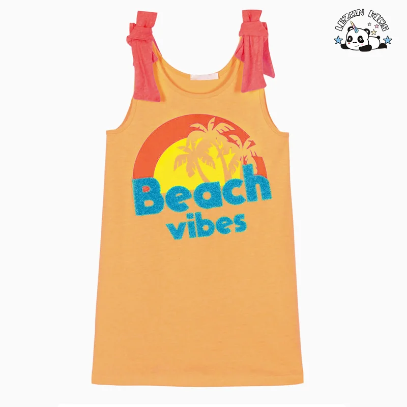 LEZONKIDS - Vestido de verão sem manga para meninas, padrão de algodão, laranja, comprimento do joelho
